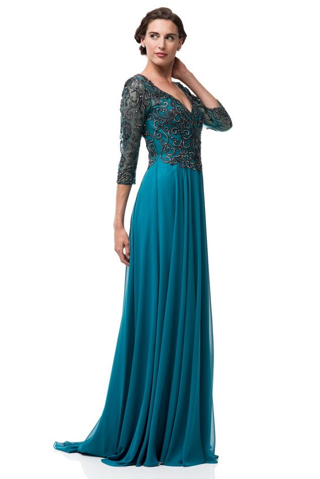 Teal Embellished A Line Long evening gown Chiffon 3/4 sleeves mother o Frugal Mughal Teal Embellished A Line Long evening gown Chiffon 3/4 sleeves mother o Frugal Mughal