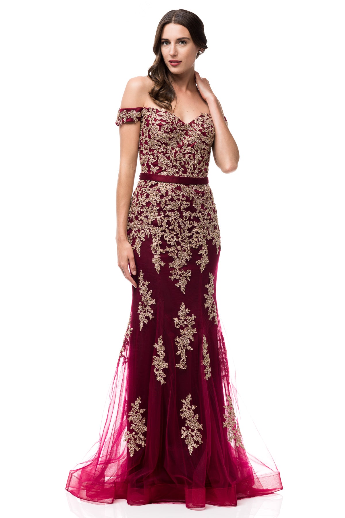 Oscar Off Shoulder Burgundy & Gold Mermaid Tulle Evening Gown Long Pro Frugal Mughal Oscar Off Shoulder Burgundy & Gold Mermaid Tulle Evening Gown Long Pro Frugal Mughal