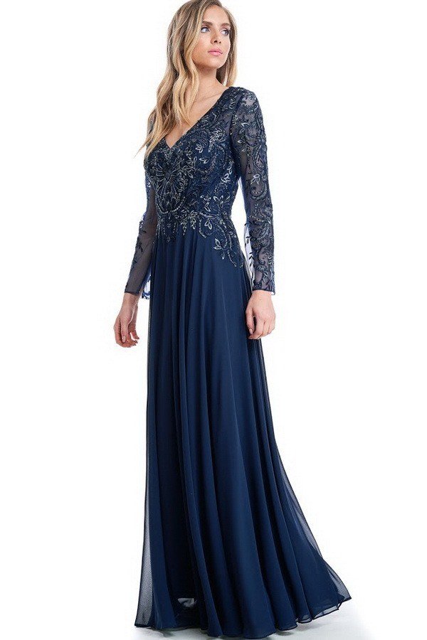 Navy Mother of the Bride dress long sleeves chiffon A-line evening Gow Frugal Mughal Navy Mother of the Bride dress long sleeves chiffon A-line evening Gow Frugal Mughal