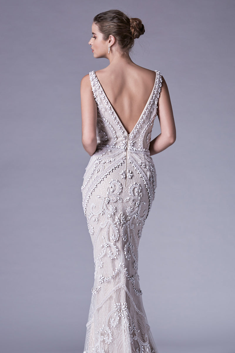 Opal Beaded And Glitter V-Neck Sheath Pageant Gown