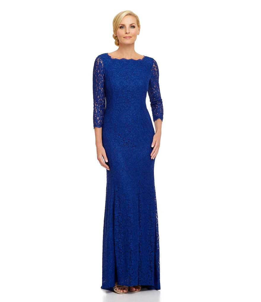 Adrianna Papell 3/4 Sleeves Scalloped Lace Gown Prussian Blue dress Frugal Mughal Adrianna Papell 3/4 Sleeves Scalloped Lace Gown Prussian Blue dress Frugal Mughal