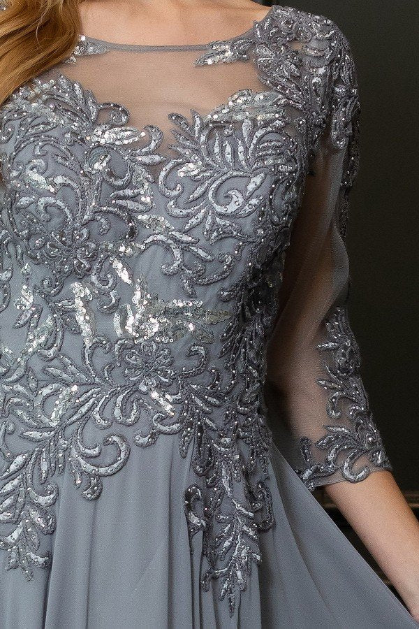 Floor Length Chiffon 3/4 sleeves Slate Gray mother of the Bride Dress Evening gown.