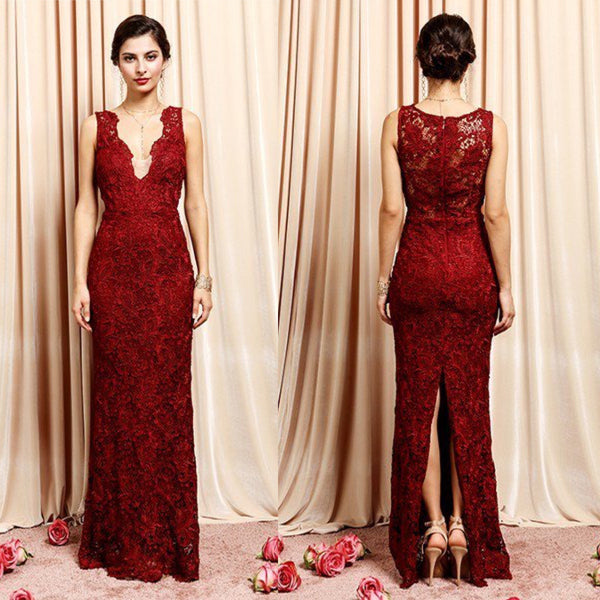 V Neck Lace maxi Bridesmaid Lace Long Dress in Burgundy and Dusty Rose