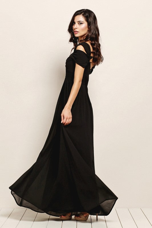 Dark Desire off shoulder black maxi chiffon bridesmaid dress