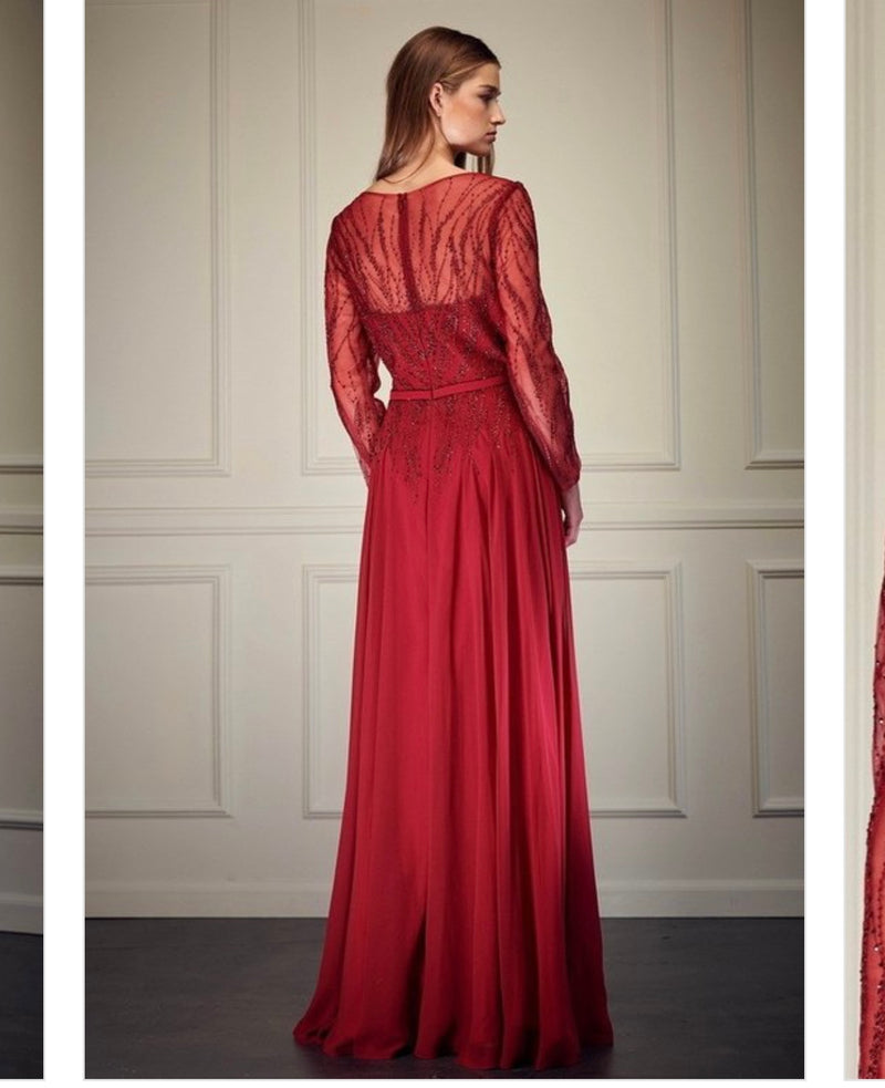 Floor Length Lon Sleeves V Neck A-Line Mother of the Bride Groom Dress Evening Gown