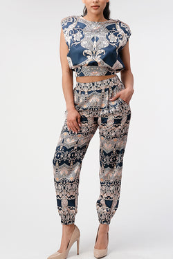 Classy Navy Wedding Guest Baroque Print 2 piece set
