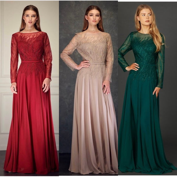 Floor Length Lon Sleeves V Neck A-Line Mother of the Bride Groom Dress Evening Gown