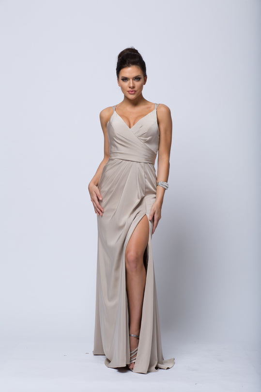 Sleeveless Ruched high slit Floor length Gown Bridesmaid Dress