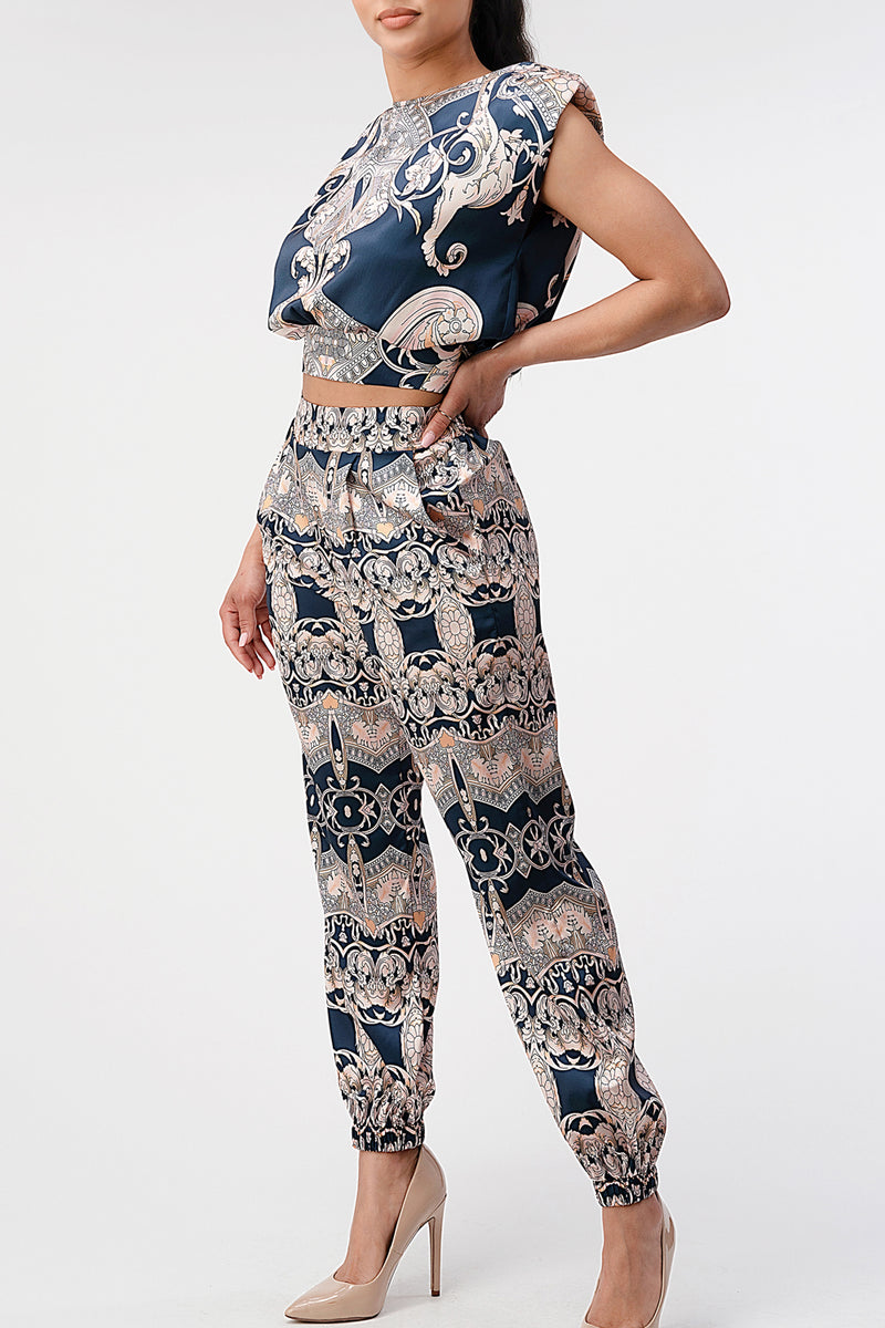 Classy Navy Wedding Guest Baroque Print 2 piece set