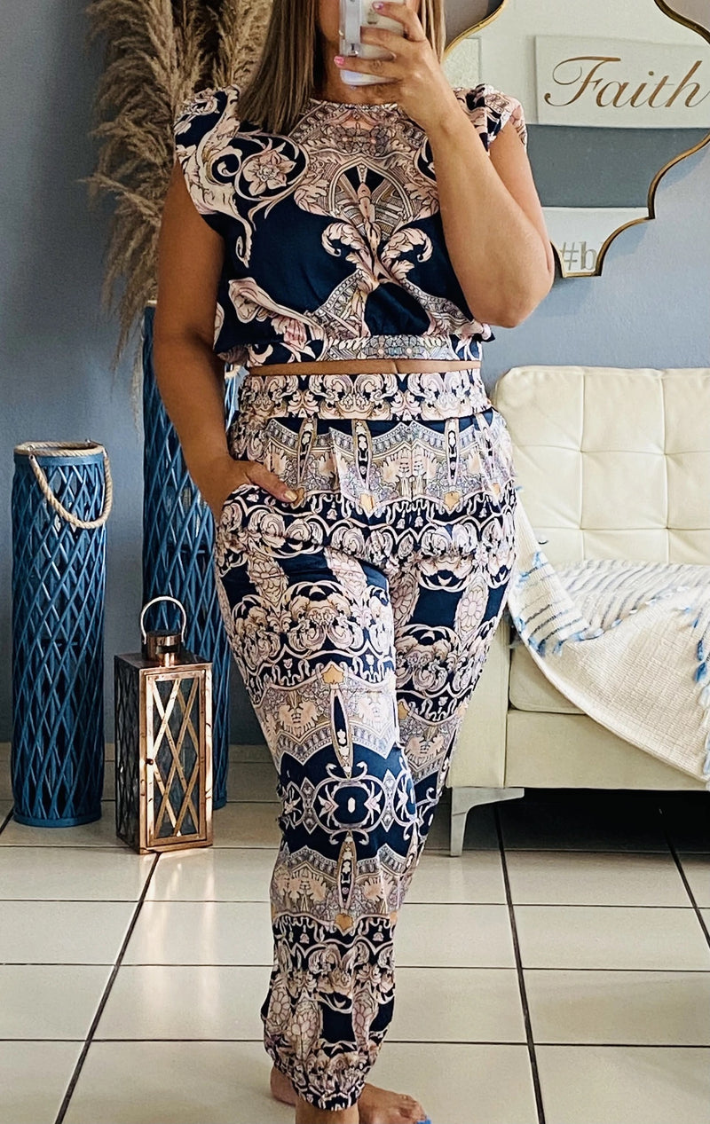 Classy Navy Wedding Guest Baroque Print 2 piece set