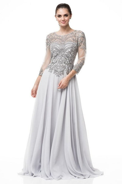 A- line Silver embroidered 3/4 sleeves mother of the bride dress or gr ...