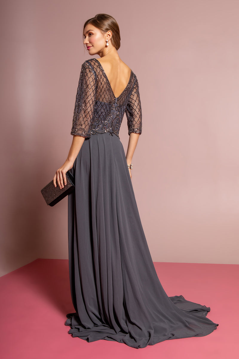 Mother of the Bride Groom Gown Chiffon Long Dress 3/4 Sleeves Navy and Charcoal