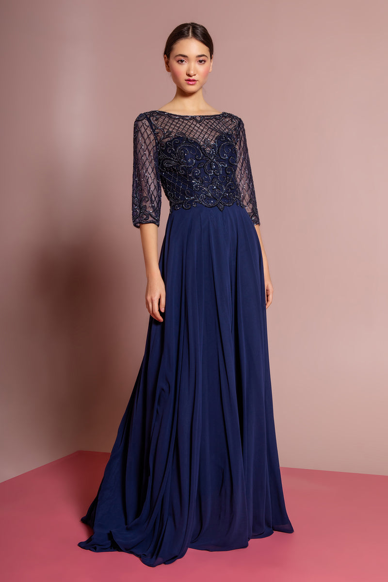 Navy 3/4 sleeves mother of the bride or groom chiffon dress