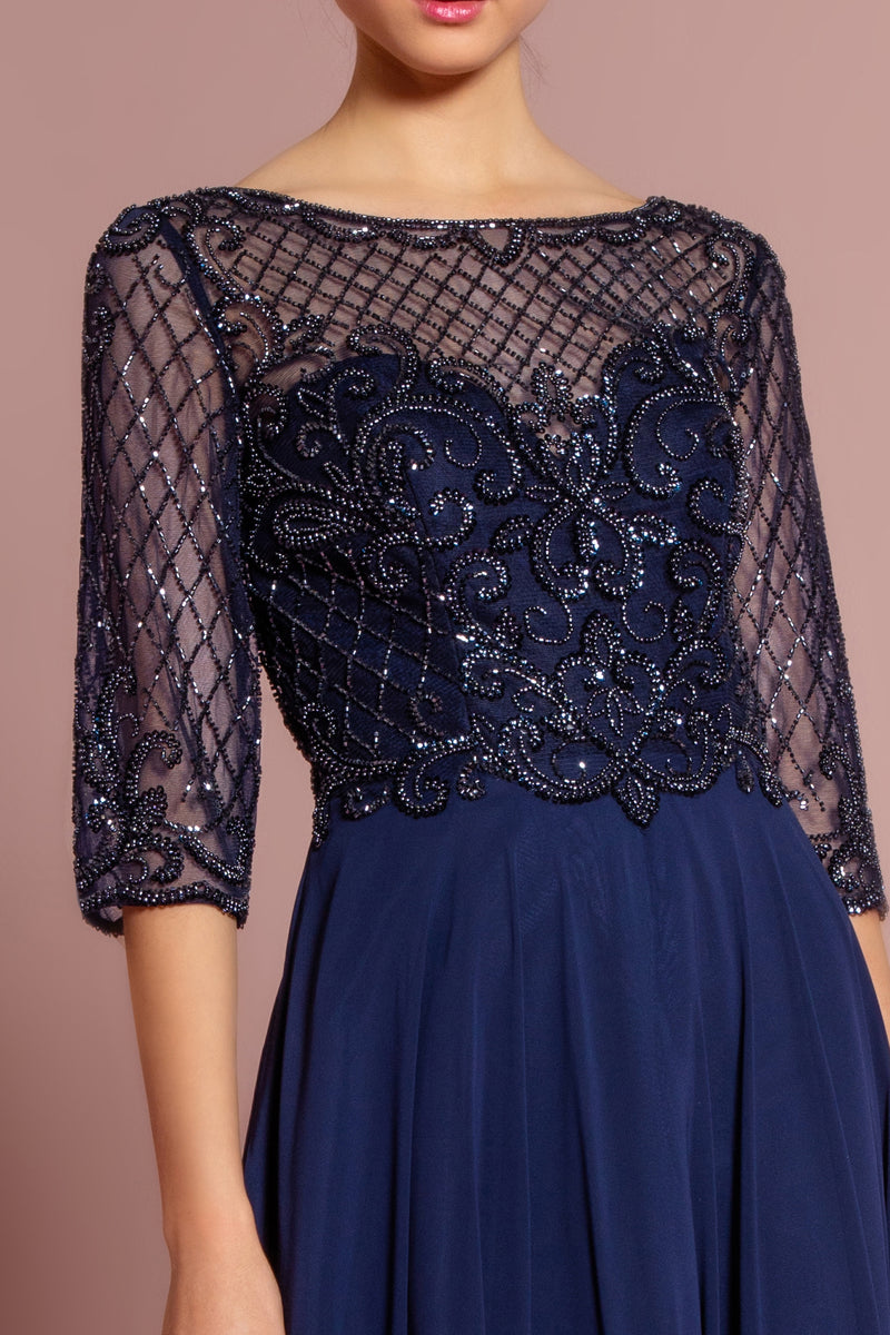 long sleeves navy wedding guest dress