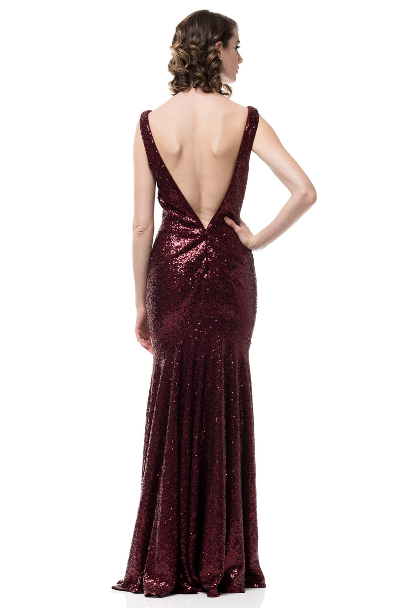 Aged Wine Backless Sleeveless V-neck mermaid Sequin Long Bridesmaid dress