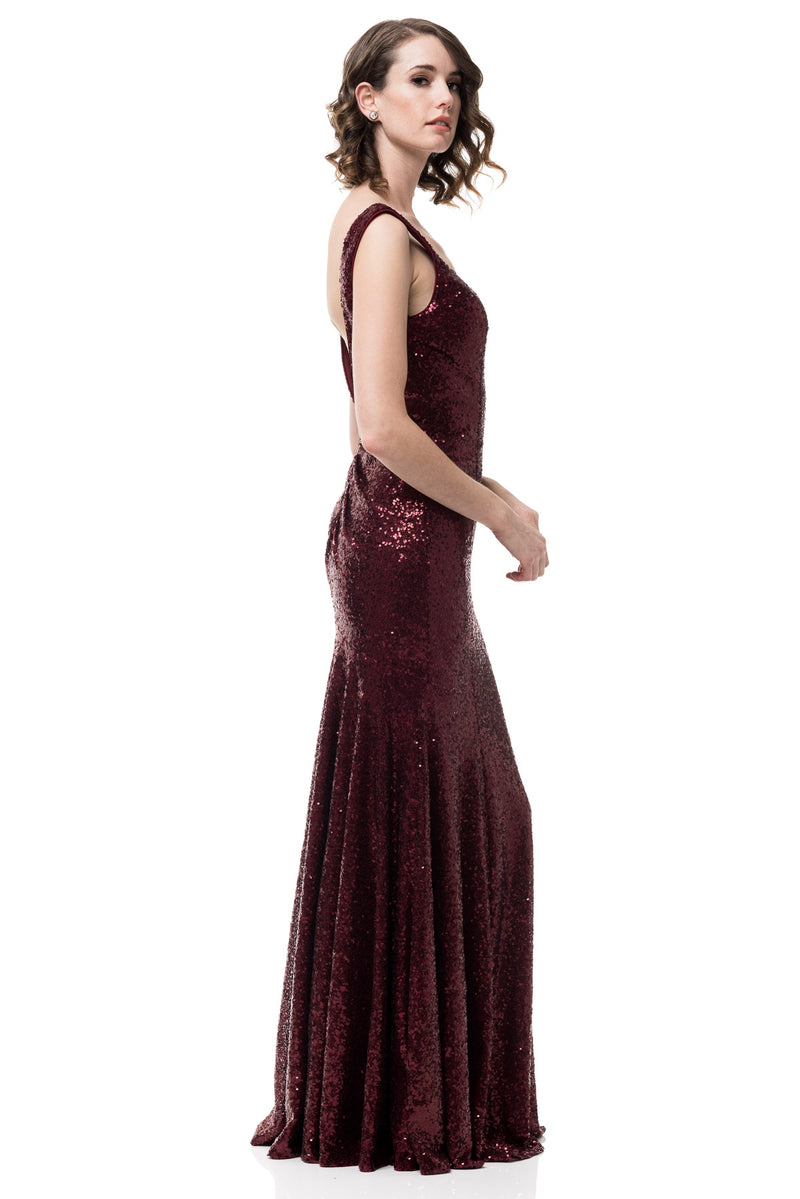 Aged Wine Backless Sleeveless V-neck mermaid Sequin Long Bridesmaid dress