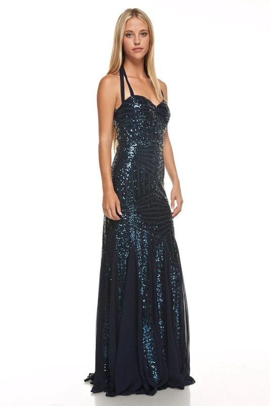 Floor Length Navy mermaid sequin gown Halter Bridesmaid Dress 5 colors