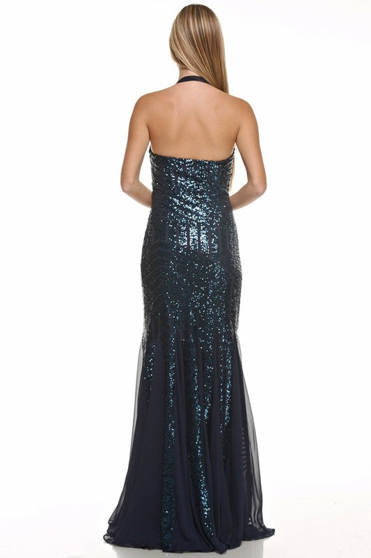 Floor Length Navy mermaid sequin gown Halter Bridesmaid Dress 5 colors