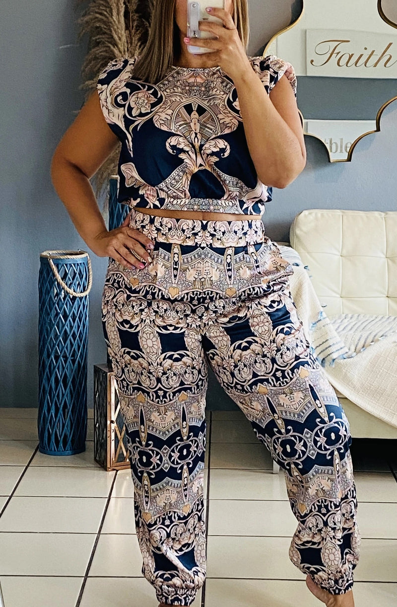 Classy Navy Wedding Guest Baroque Print 2 piece set