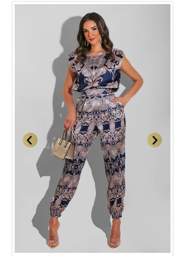 Classy Navy Wedding Guest Baroque Print 2 piece set