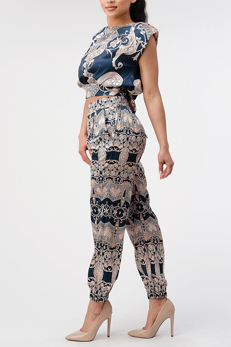 Classy Navy Wedding Guest Baroque Print 2 piece set