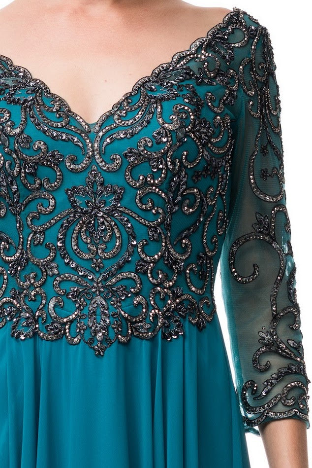 Teal Embellished A Line Long evening gown Chiffon 3/4 sleeves mother o Frugal Mughal Teal Embellished A Line Long evening gown Chiffon 3/4 sleeves mother o Frugal Mughal