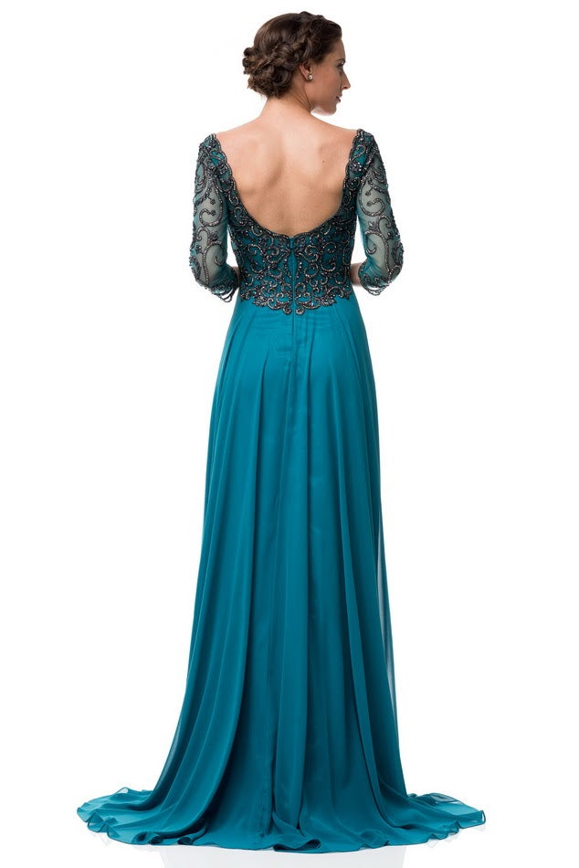 Teal Embellished A Line Long evening gown Chiffon  3/4 sleeves mother of the bride dress