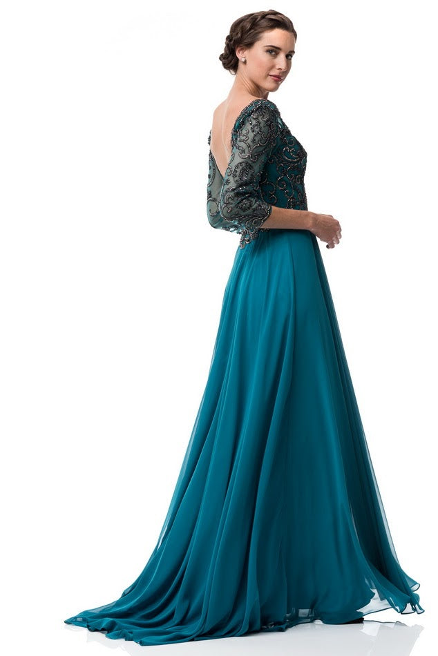 Teal Embellished A Line Long evening gown Chiffon  3/4 sleeves mother of the bride dress