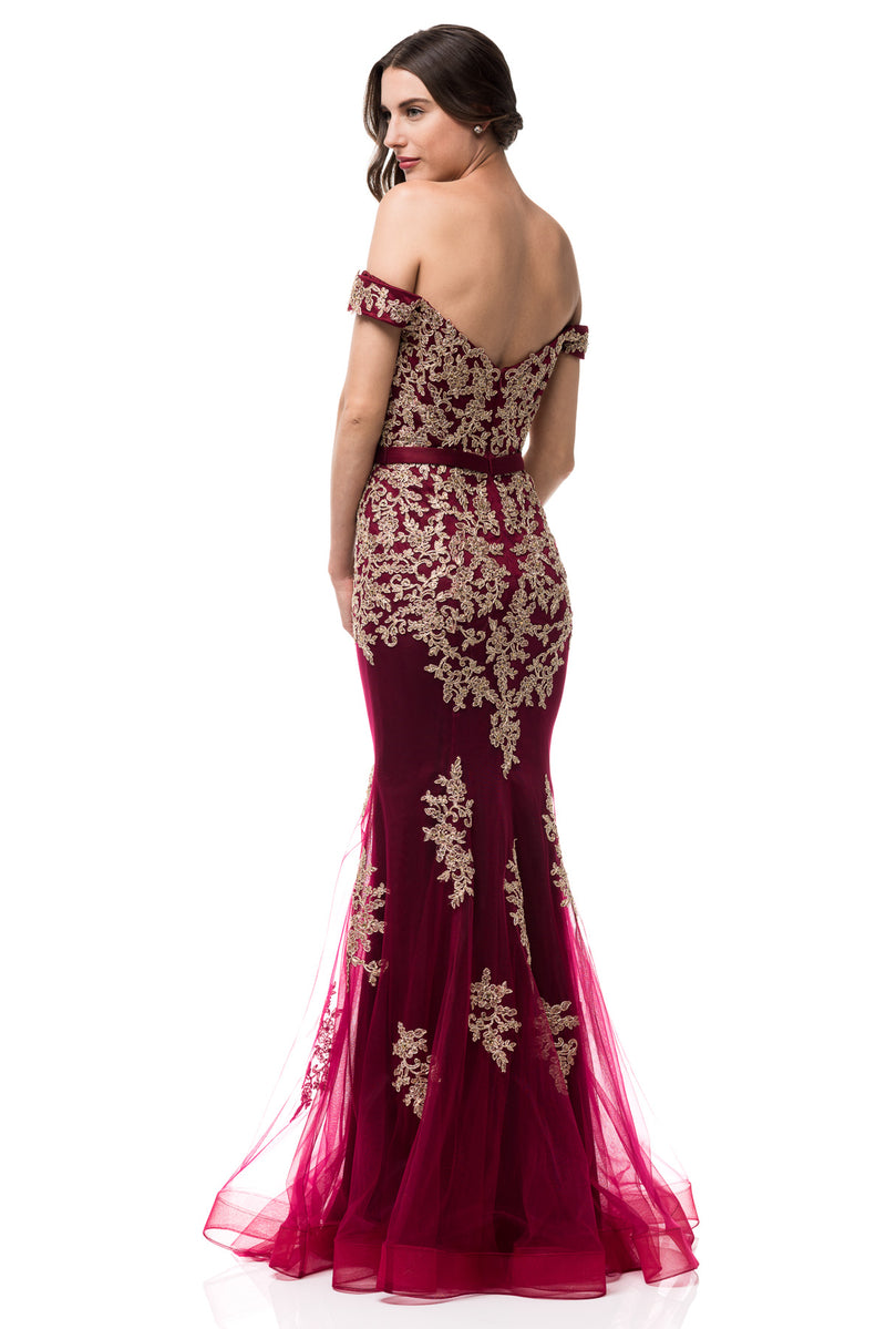 Oscar Off Shoulder Burgundy & Gold Mermaid Tulle Evening Gown Long Prom Dress