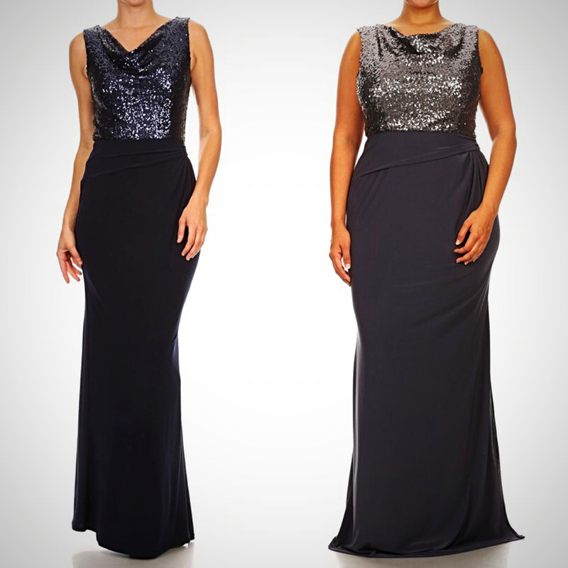 Affordable long Sequin Bridesmaid dress Navy and Charcoal S - 3XL