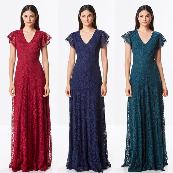Affordable Floor Length Lace Fall A-line Bridesmaid Dress in 3 colors evening gown