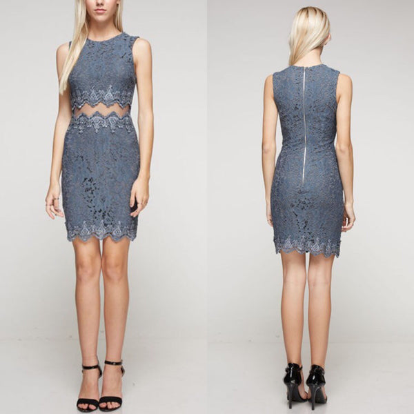 Wedding Guest Front Lace detail Cocktail Dress in Charcoal Gray