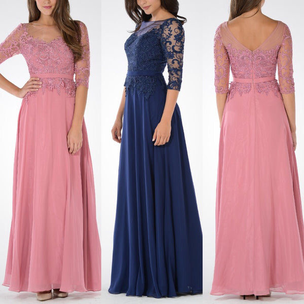 Long Chiffon Mother of the Bride dress 3/4 sleeves Evening Gown ...