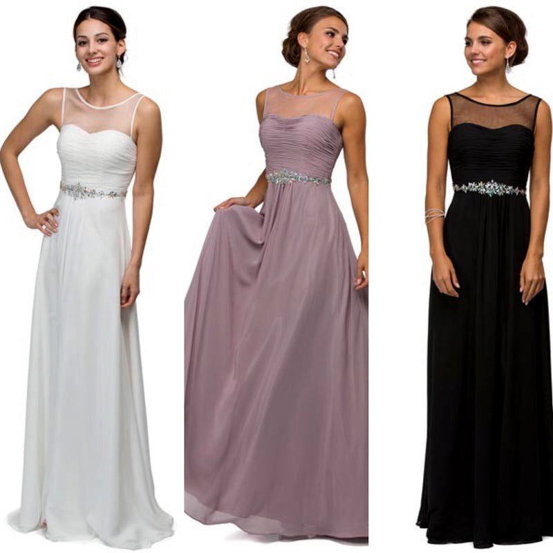 Illusion Chiffon Long Bridesmaid dress Evening Gown 5 colors Prom Dress