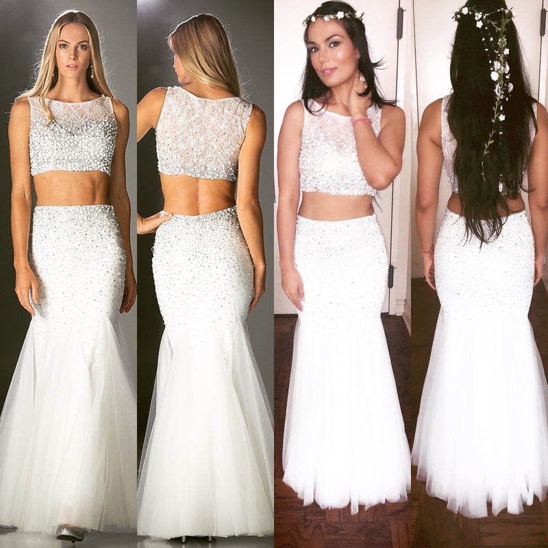 Beaded 2 Piece Blush Prom Dress Off White Mermaid Long Gown Crop Top 4 - 10
