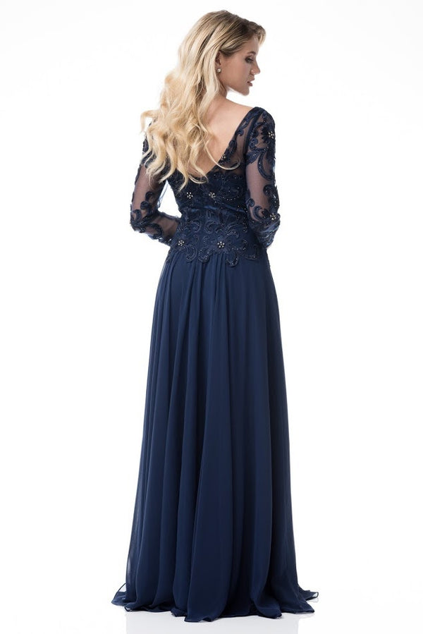Floor Length long sleeves Chiffon Navy Mother of the Bride dress or Groom Evening Gown
