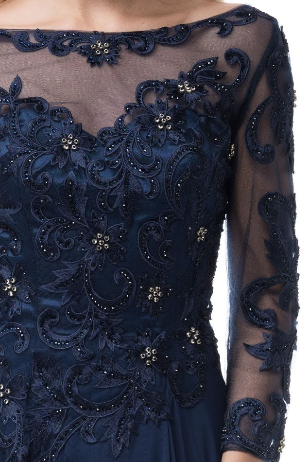 Long Sleeves Navy Evening Gown