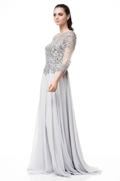 A- line Silver embroidered 3/4 sleeves mother of the bride dress or gr ...