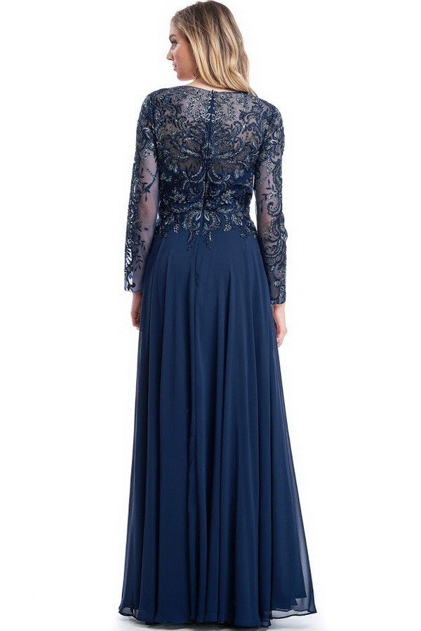 Navy Mother of the Bride dress long sleeves chiffon A-line evening Gown