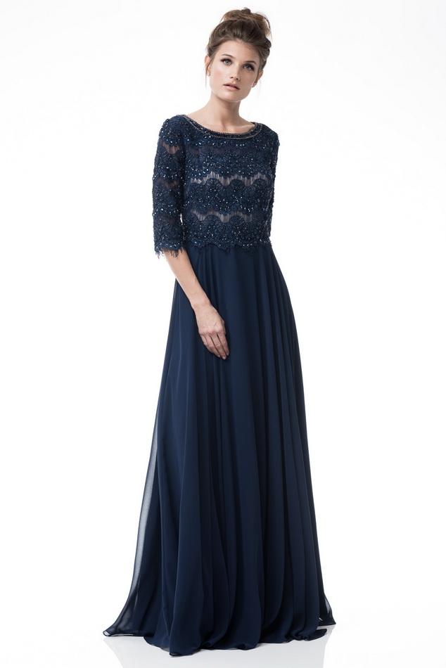 Scalloped lace Navy scoop neck 3/4 sleeves long chiffon mother of the bride gown