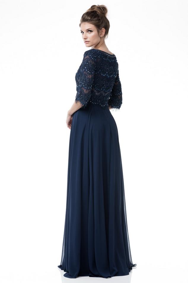Scalloped lace Navy scoop neck 3/4 sleeves long chiffon mother of the bride gown