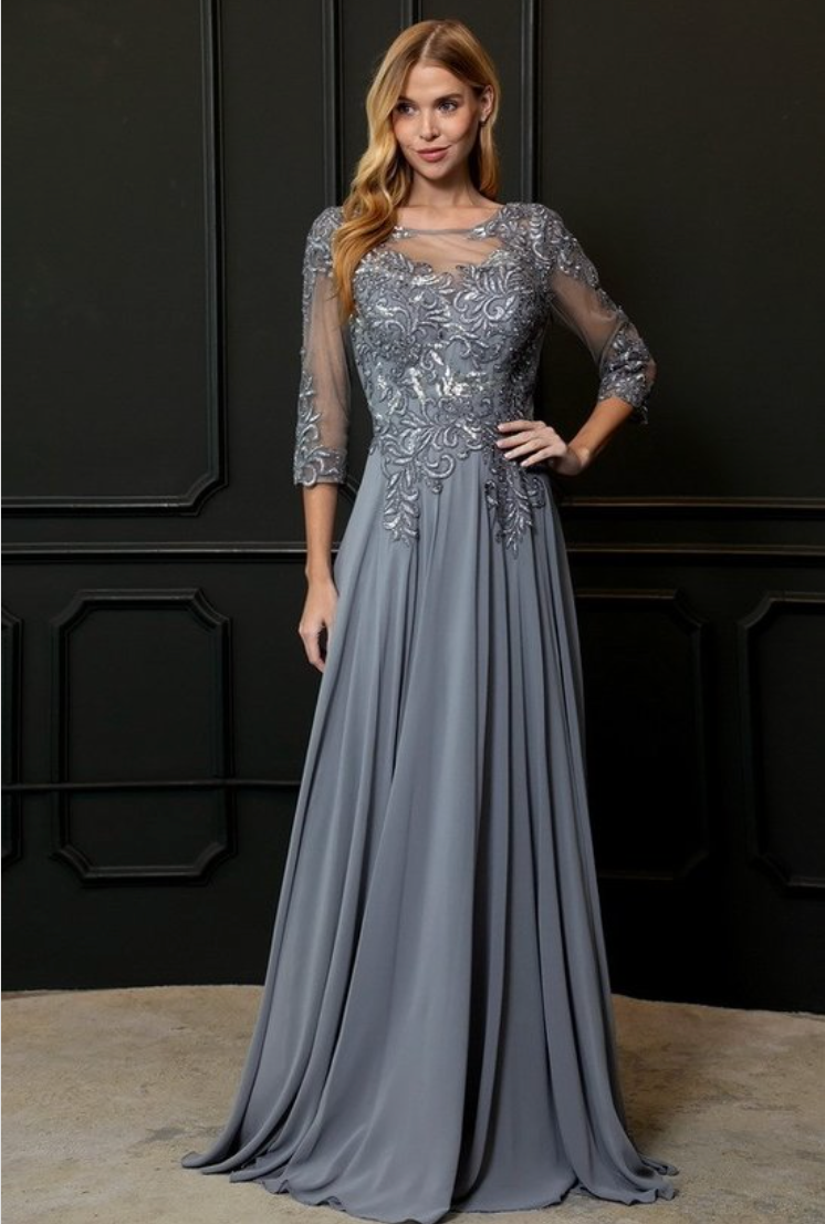 Floor Length Chiffon 3/4 sleeves Slate Gray mother of the Bride Dress – Frugal Mughal