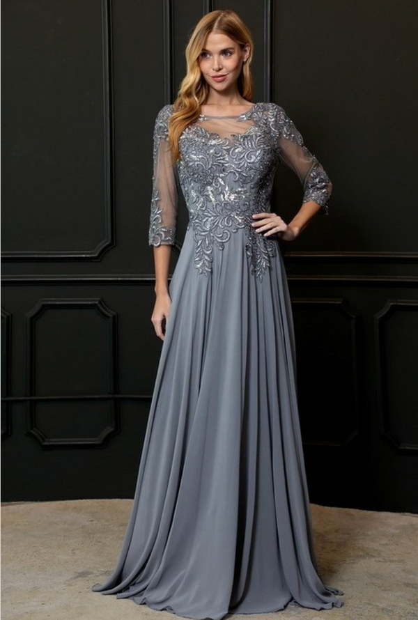 Floor Length Chiffon 3/4 sleeves Slate Gray mother of the Bride Dress Evening gown.