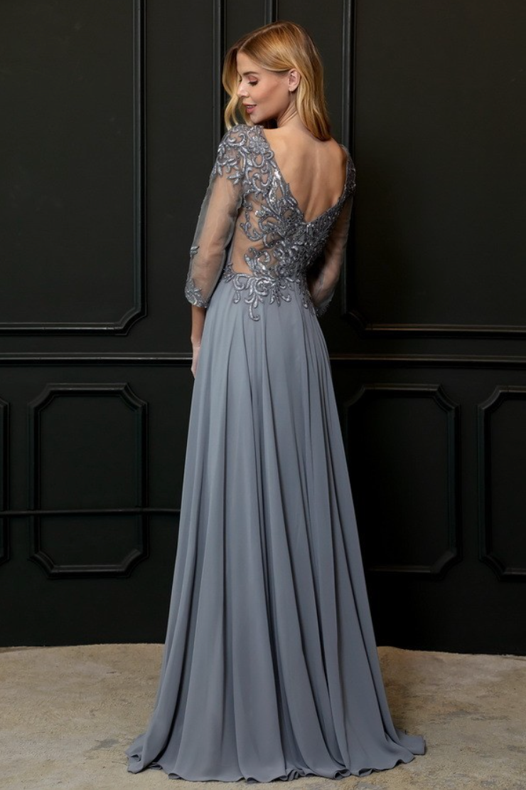 Floor Length Chiffon 3/4 sleeves Slate Gray mother of the Bride Dress – Frugal Mughal