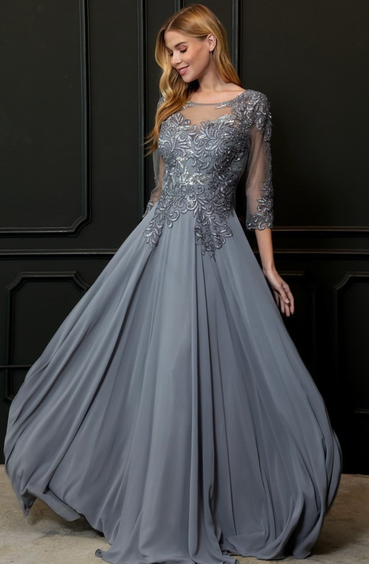 Floor Length Chiffon 3/4 sleeves Slate Gray mother of the Bride Dress Evening gown.