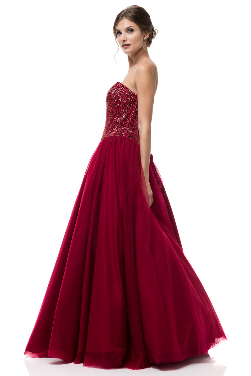 2018 Exclusive Prom Dress Strapless Corset style Burgundy Ball Tulle Gown