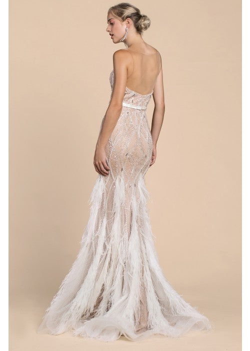Strapless illusion Prom formal with fringe and feather unique Evening  Wedding Gown