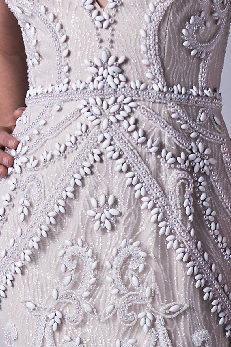 Opal Beaded And Glitter V-Neck Sheath Pageant Gown