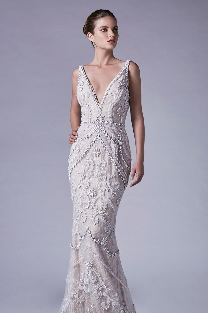 Opal Beaded And Glitter V-Neck Sheath Pageant Gown
