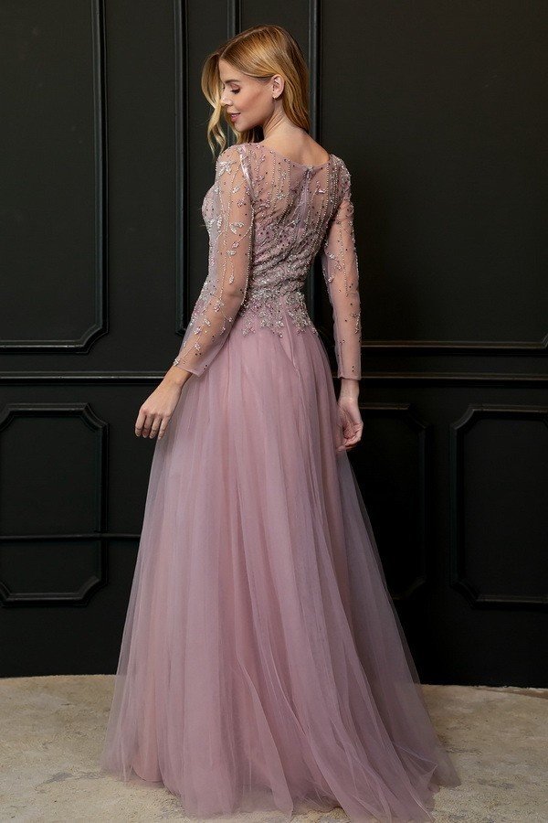 Floor Length Tulle 3/4 sleeves Mauve mother of the Bride Dress Evening gown.